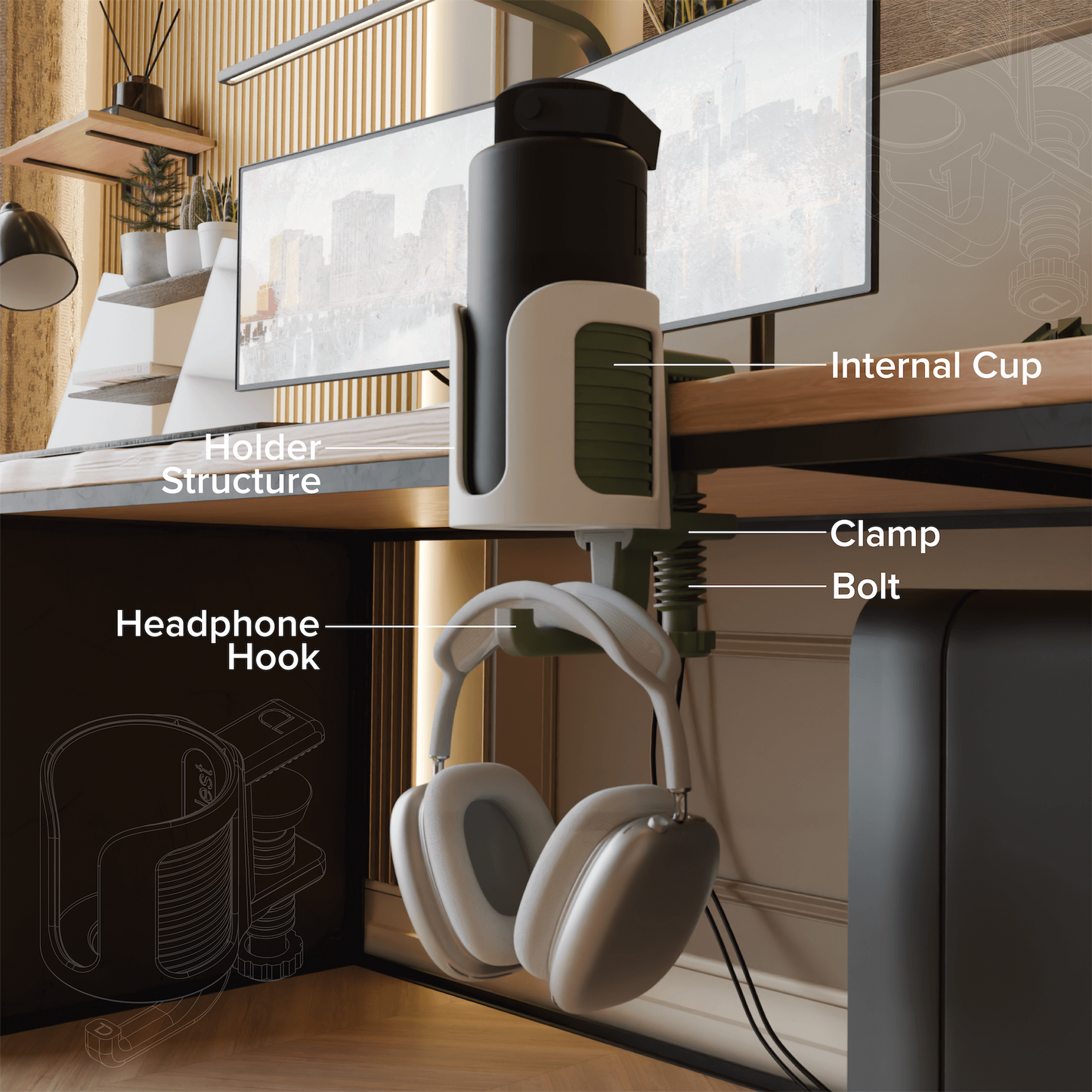 Cup.Nest – Clamp-On Desk Holder for Cups + Headphones