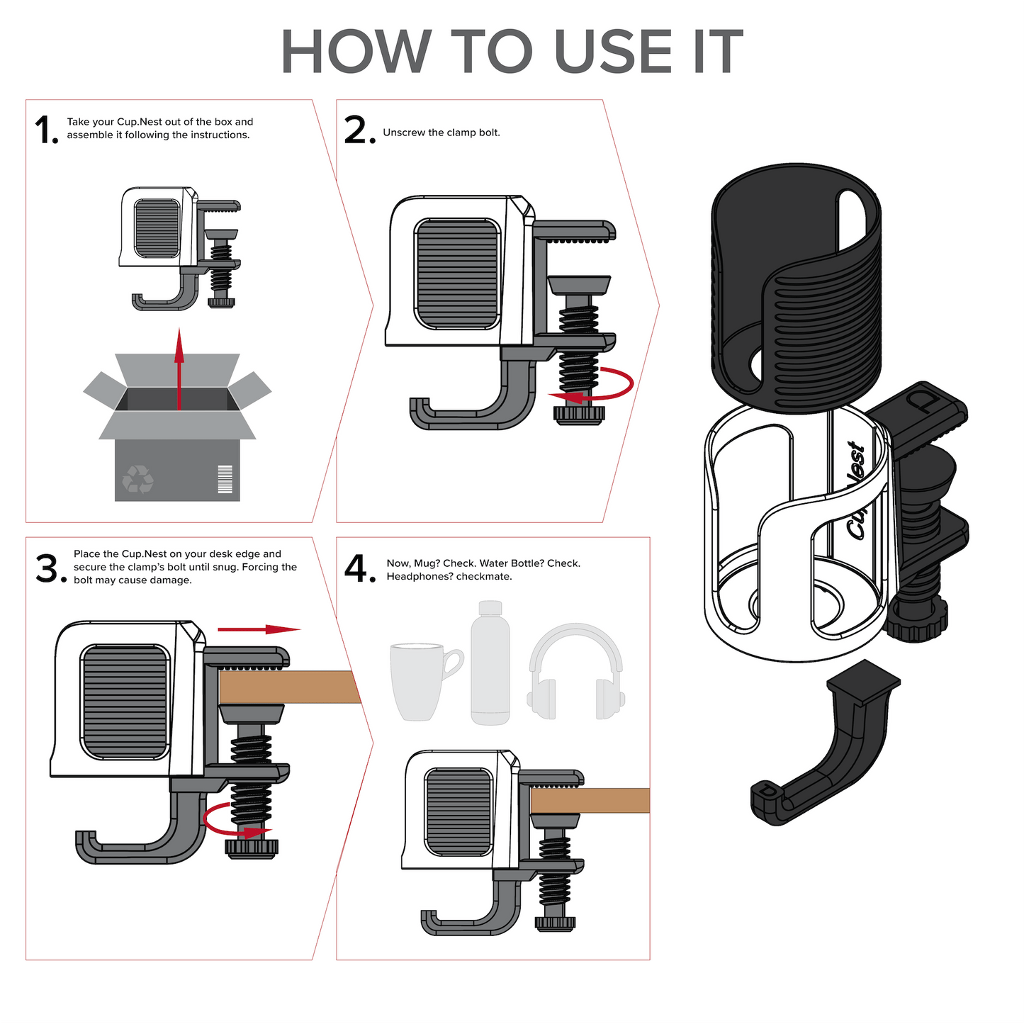 Cup.Nest – Clamp-On Desk Holder for Cups + Headphones