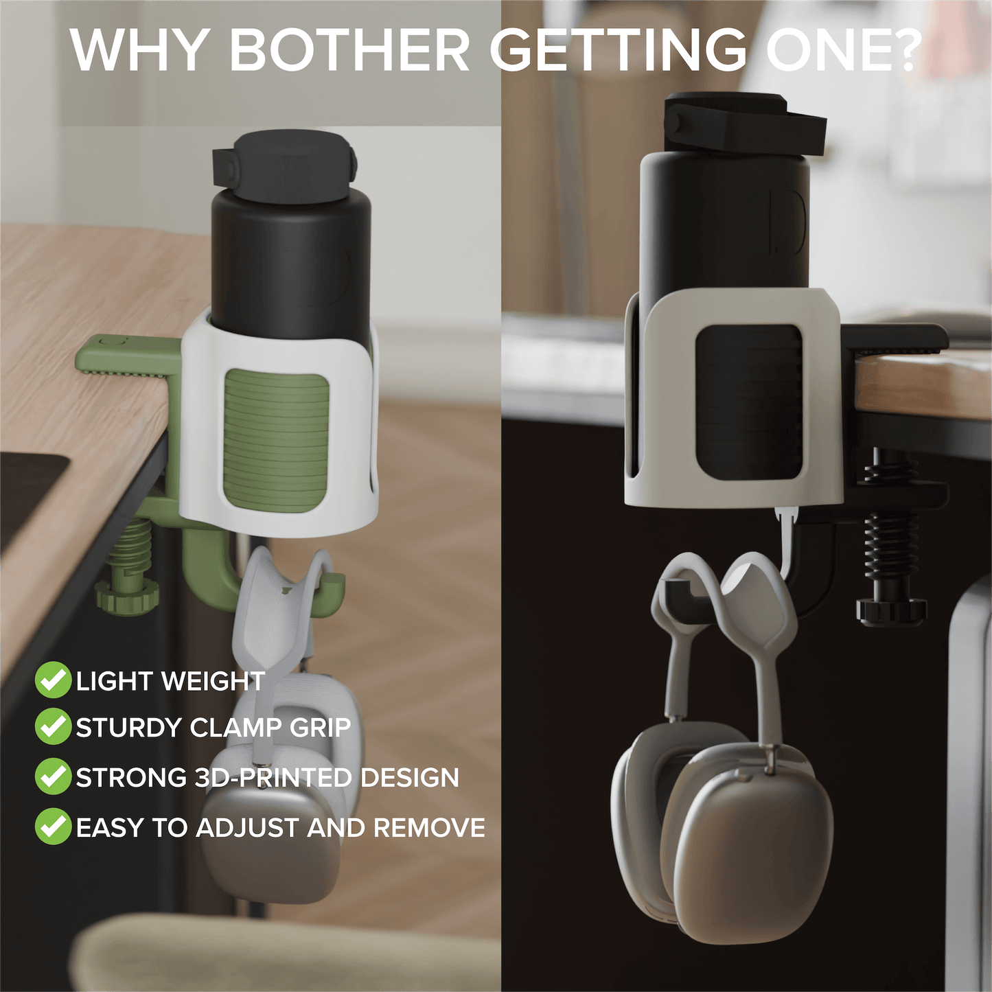 Cup.Nest – Clamp-On Desk Holder for Cups + Headphones
